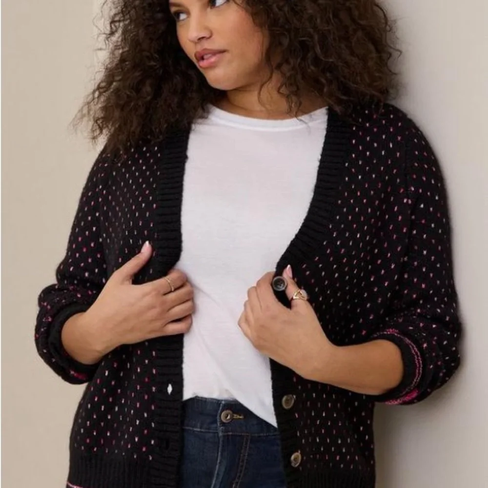 Torrid Heart Print Cardigan Sweater Black Size 5X Drop Shoulder Button Front - Picture 1 of 13